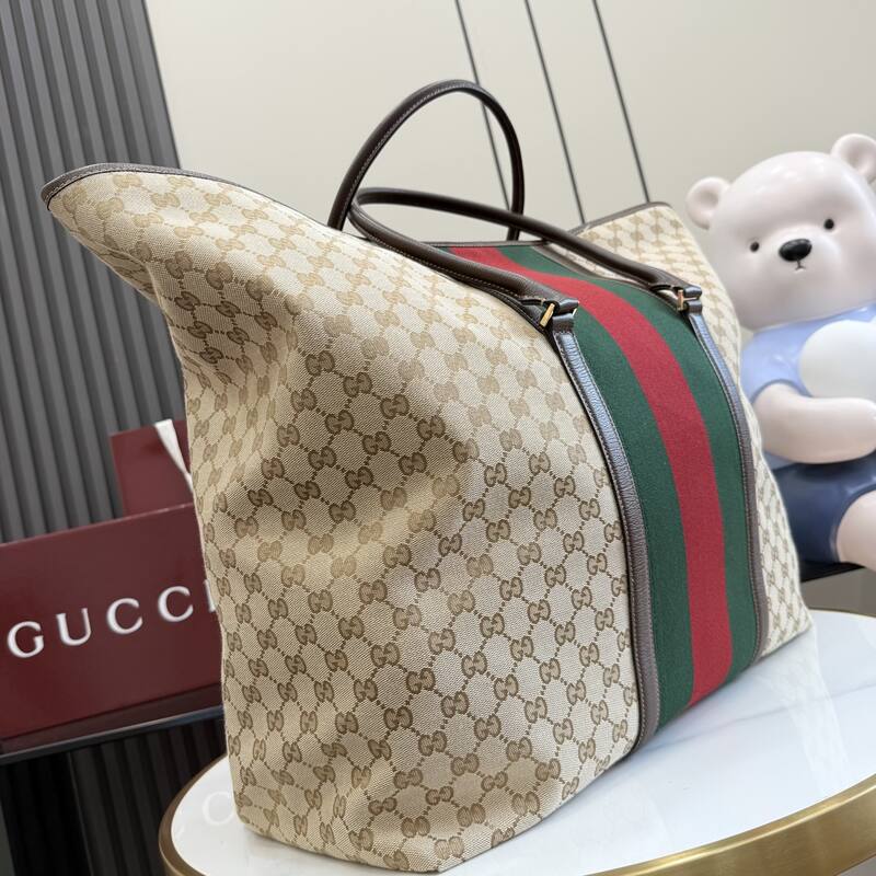 Gucci Beige GG canvas with green-red-green stripe large tote — AAA Quality Replica
