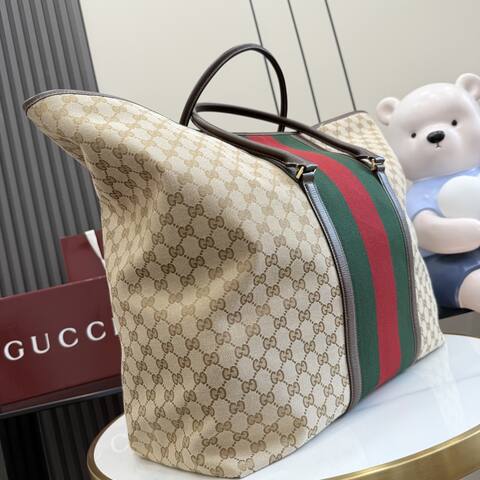 Gucci Beige GG canvas with green-red-green stripe large tote AAA Quality Replica