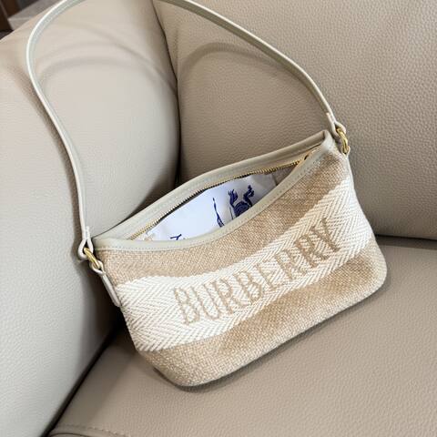 Burberry Beige and white woven fabric with light off-white leather trim 26x11x13cm shoulder Top Quality Replica