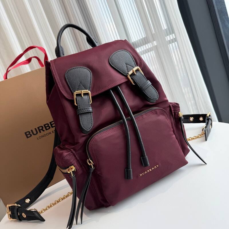 Burberry Burgundy nylon with black leather trim 22 x backpack — Premium Replica