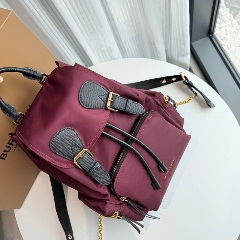 Burberry Burgundy nylon with black leather trim 22 x backpack — Premium Replica