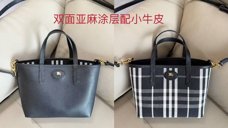 Burberry Black/Black Check/Brown Check Coated Linen with Calfskin 22x10x20cm mini tote — 1:1 Replica