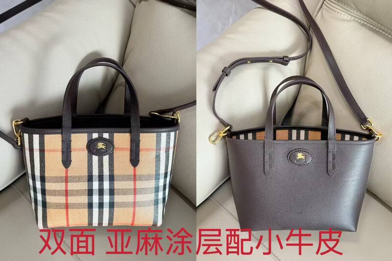 Burberry Black/Black Check/Brown Check Coated Linen with Calfskin 22x10x20cm mini tote — 1:1 Replica
