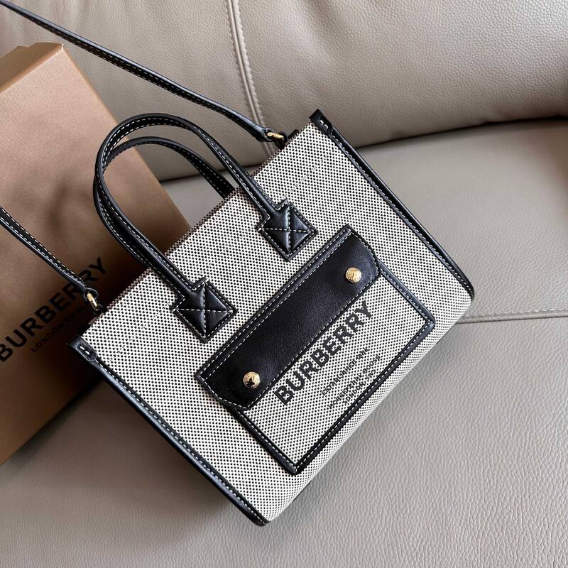 Burberry Mini Freya Tote Beige canvas with black leather trim tote bag — 1:1 Replica