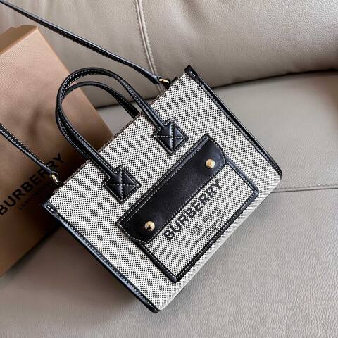 Burberry Mini Freya Tote Beige canvas with black leather trim 20x16cm tote bag 1 1 Replica
