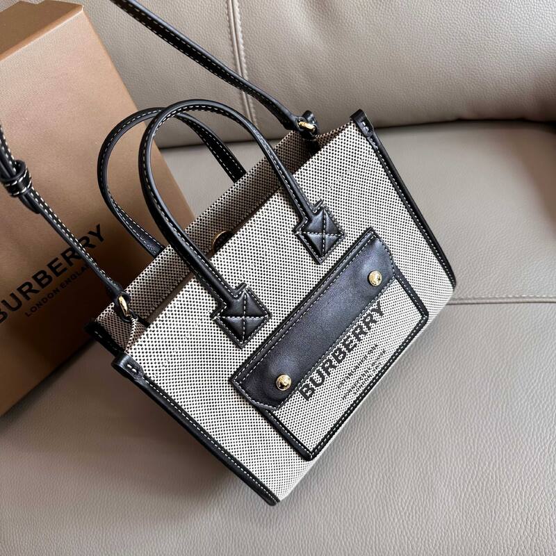 Burberry Mini Freya Tote Beige canvas with black leather trim tote bag — 1:1 Replica