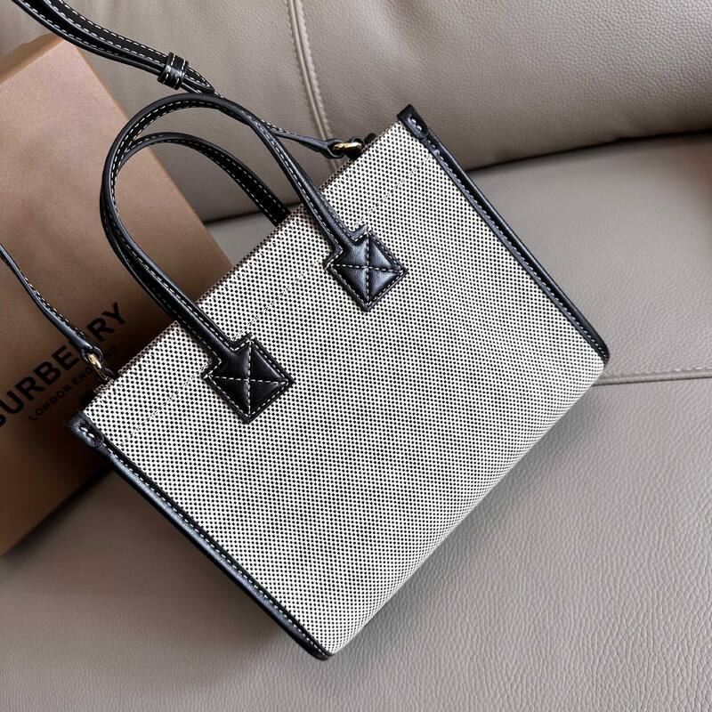 Burberry Mini Freya Tote Beige canvas with black leather trim tote bag — 1:1 Replica