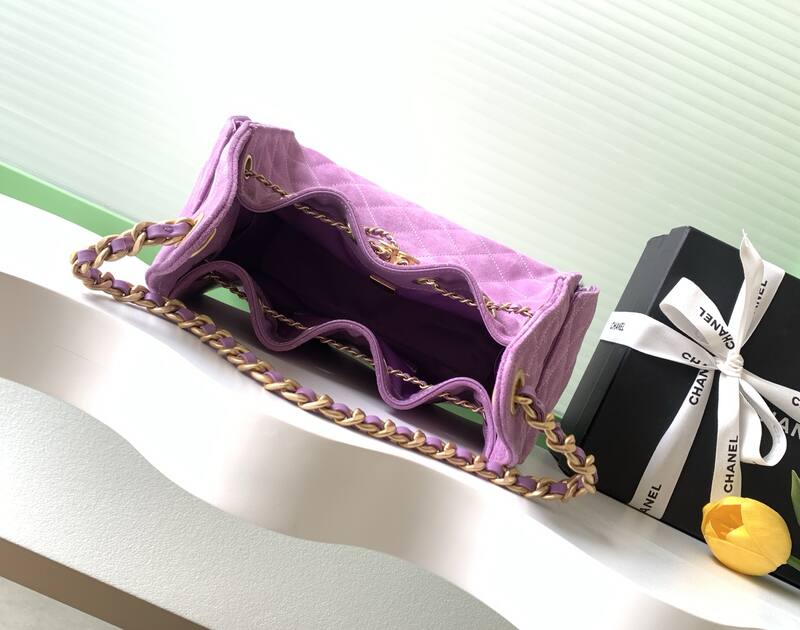Chanel CC Drawstring Flap Bag Purple suede shoulder — Top Quality Replica