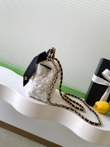 Chanel Classic Flap White tweed with black bow shoulder 1 1 Replica