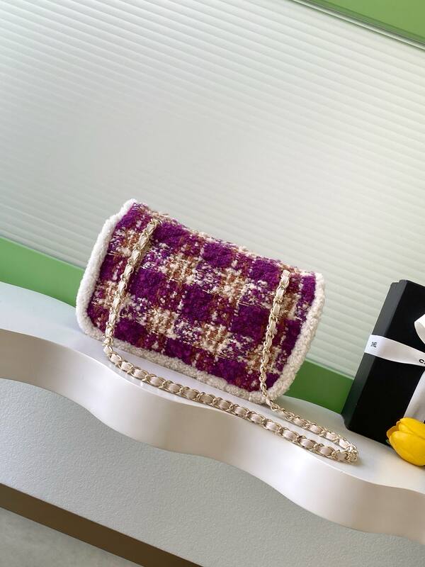 Chanel Classic Flap Purple tweed with white shearling trim shoulder — AAA Quality Replica