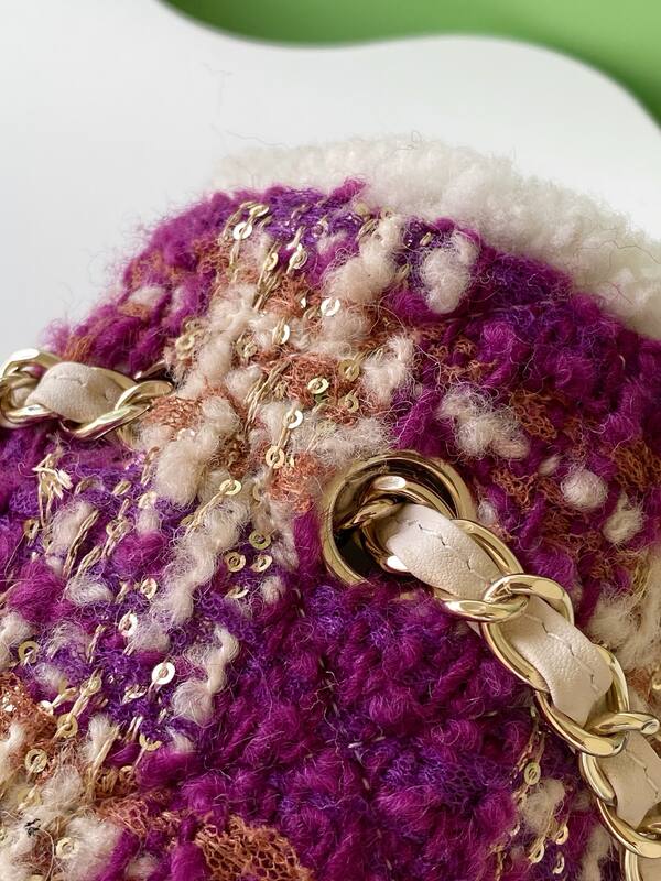 Chanel Classic Flap Purple tweed with white shearling trim shoulder — AAA Quality Replica