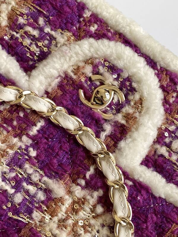 Chanel Classic Flap Purple tweed with white shearling trim shoulder — AAA Quality Replica
