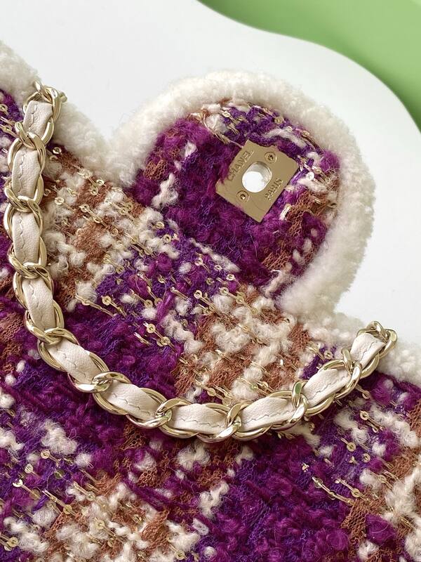 Chanel Classic Flap Purple tweed with white shearling trim shoulder — AAA Quality Replica