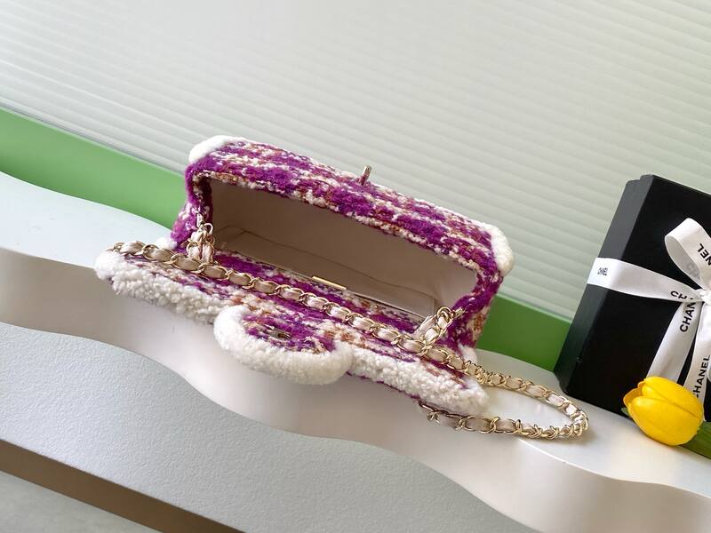 Chanel Classic Flap Purple tweed with white shearling trim shoulder — AAA Quality Replica