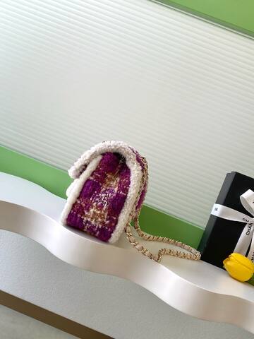 Chanel Classic Flap Purple tweed with white shearling trim shoulder AAA Quality Replica