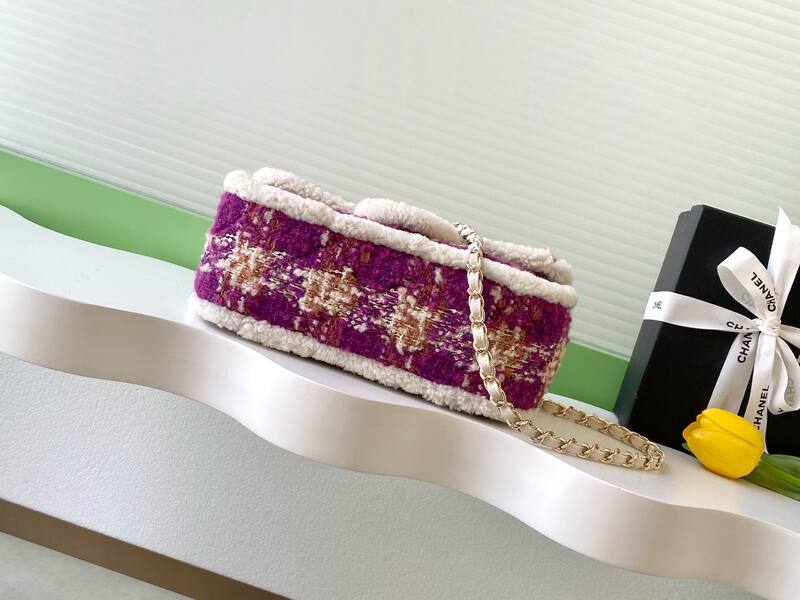 Chanel Classic Flap Purple tweed with white shearling trim shoulder — AAA Quality Replica