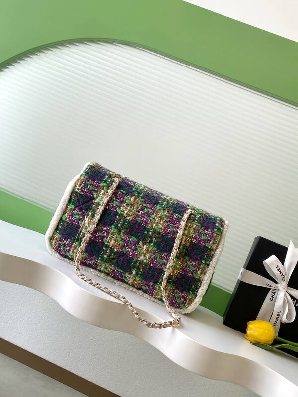 Chanel Classic Flap Green Purple tweed with white shearling trim shoulder — Top Quality Replica