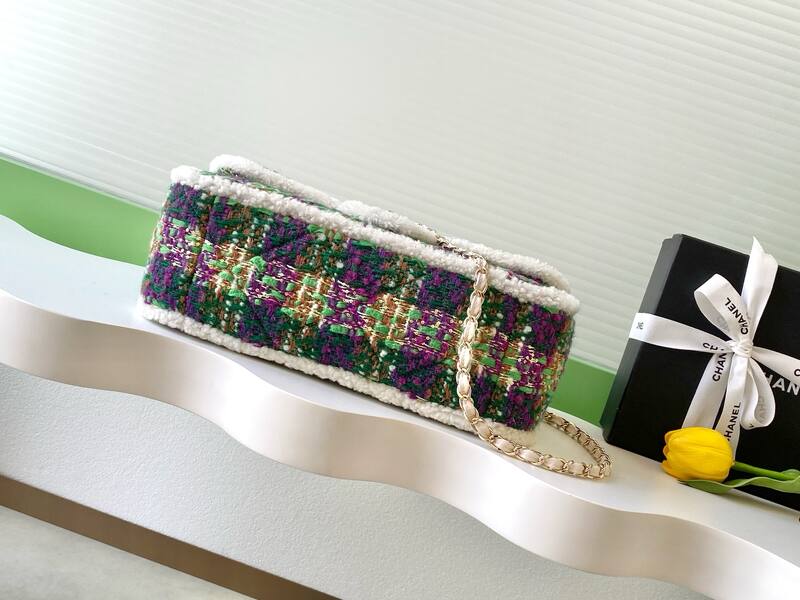 Chanel Classic Flap Green Purple tweed with white shearling trim shoulder — Top Quality Replica
