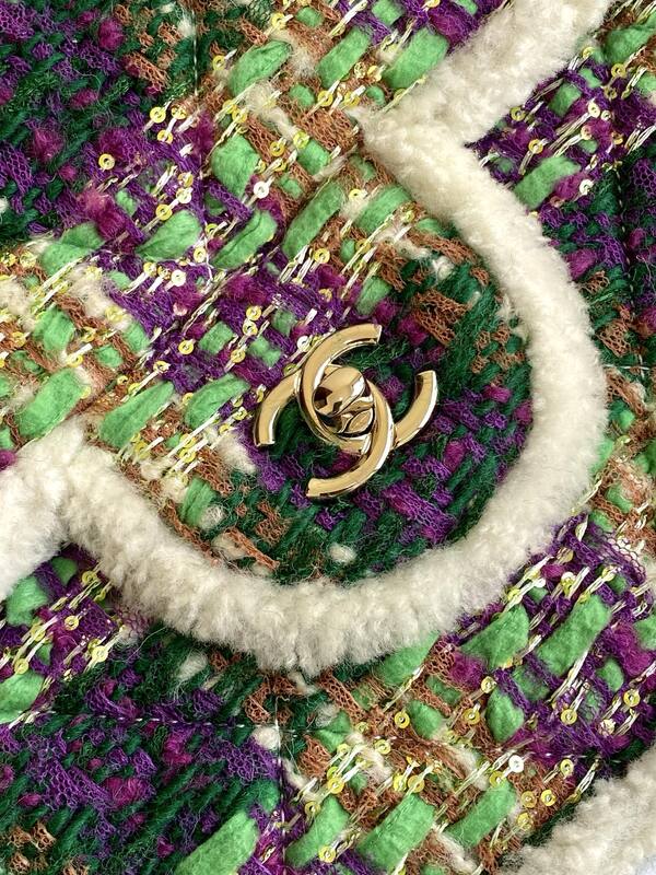 Chanel Classic Flap Green Purple tweed with white shearling trim shoulder — Top Quality Replica