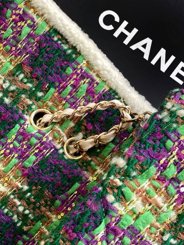 Chanel Classic Flap Green Purple tweed with white shearling trim shoulder — Top Quality Replica