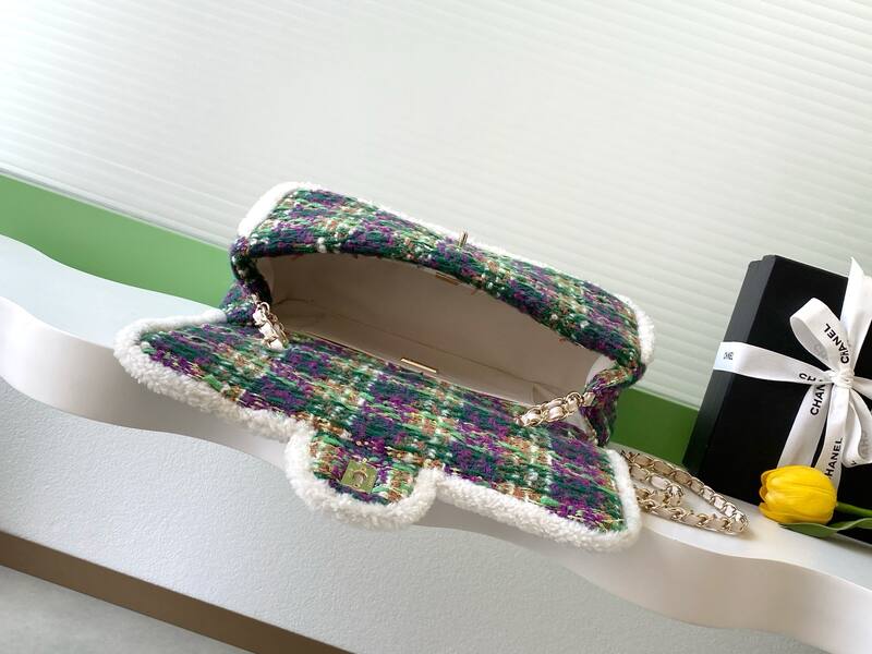 Chanel Classic Flap Green Purple tweed with white shearling trim shoulder — Top Quality Replica