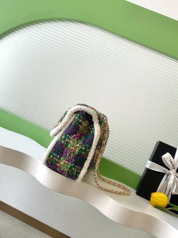Chanel Classic Flap Green Purple tweed with white shearling trim shoulder Top Quality Replica