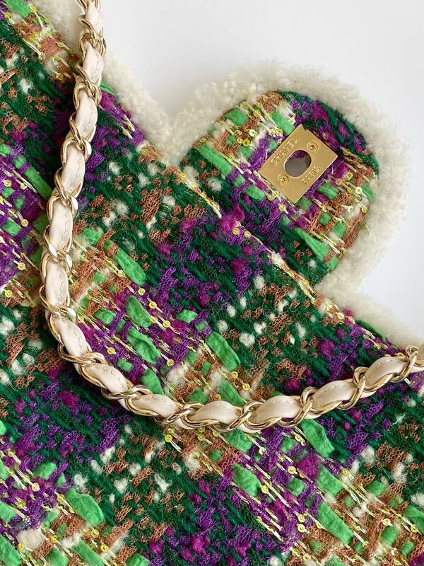 Chanel Classic Flap Green Purple tweed with white shearling trim shoulder — Top Quality Replica