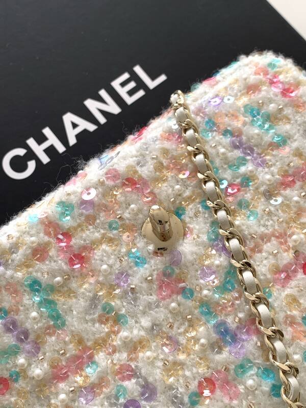 Chanel Classic Flap White multicolor tweed shoulder — Top Quality Replica