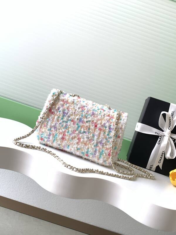 Chanel Classic Flap White multicolor tweed shoulder — Top Quality Replica