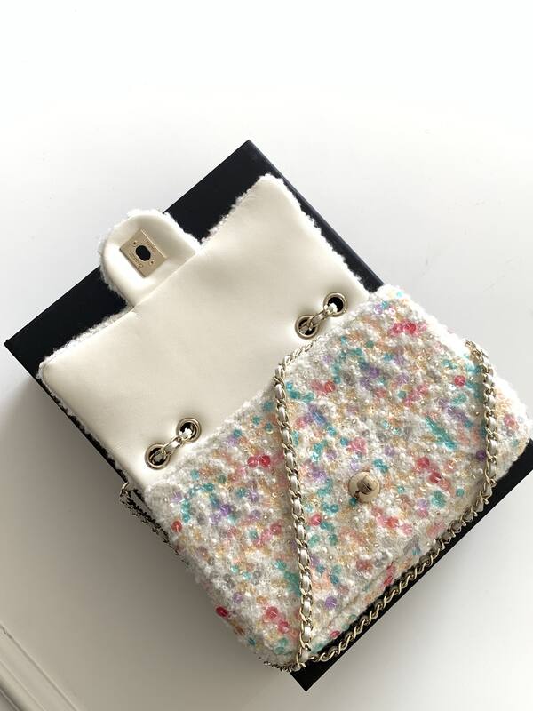 Chanel Classic Flap White multicolor tweed shoulder — Top Quality Replica