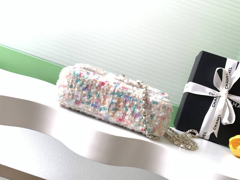 Chanel Classic Flap White multicolor tweed shoulder — Top Quality Replica