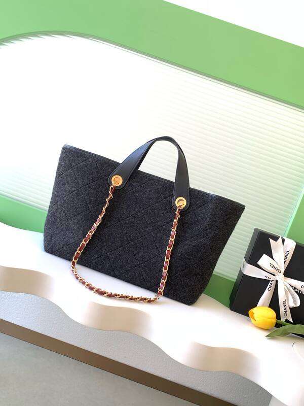 Chanel Dark gray black wool felt with black leather large tote — Premium Replica