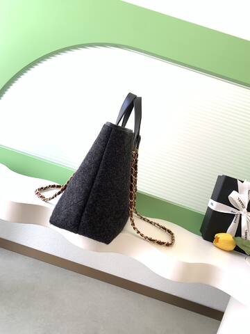 Chanel Dark gray black wool felt with black leather large tote Premium Replica