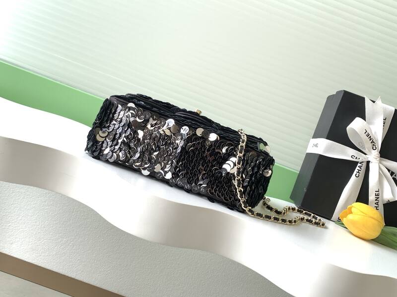 Chanel Classic Flap Black sequin shoulder — Top Quality Replica
