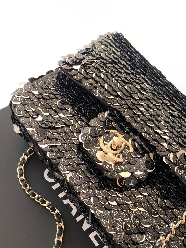 Chanel Classic Flap Black sequin shoulder — Top Quality Replica