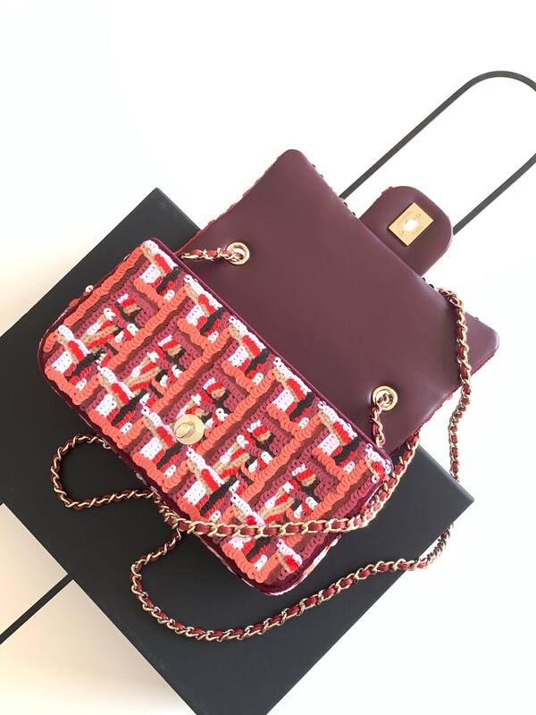 Chanel Classic Flap Pink red sequin tweed mini crossbody — Top Quality Replica