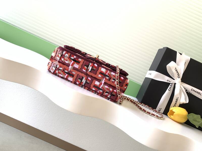 Chanel Classic Flap Pink red sequin tweed mini crossbody — Top Quality Replica