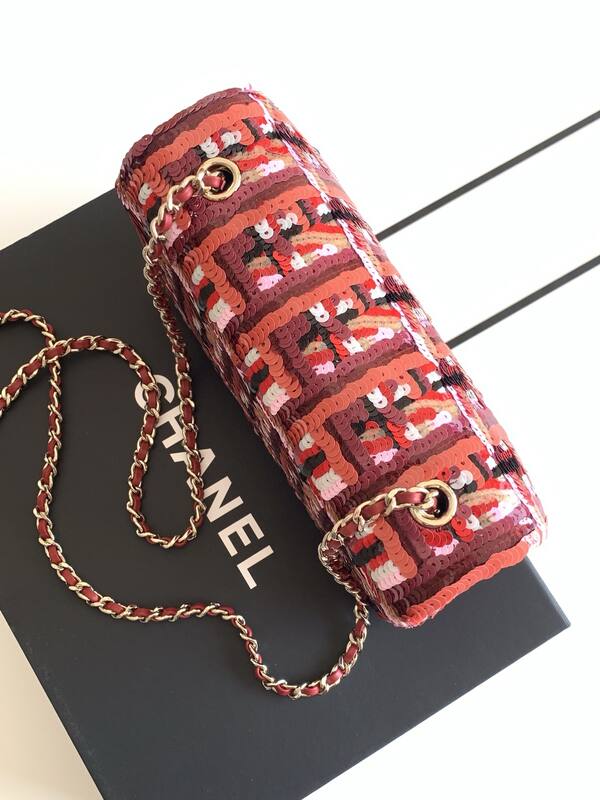 Chanel Classic Flap Pink red sequin tweed mini crossbody — Top Quality Replica