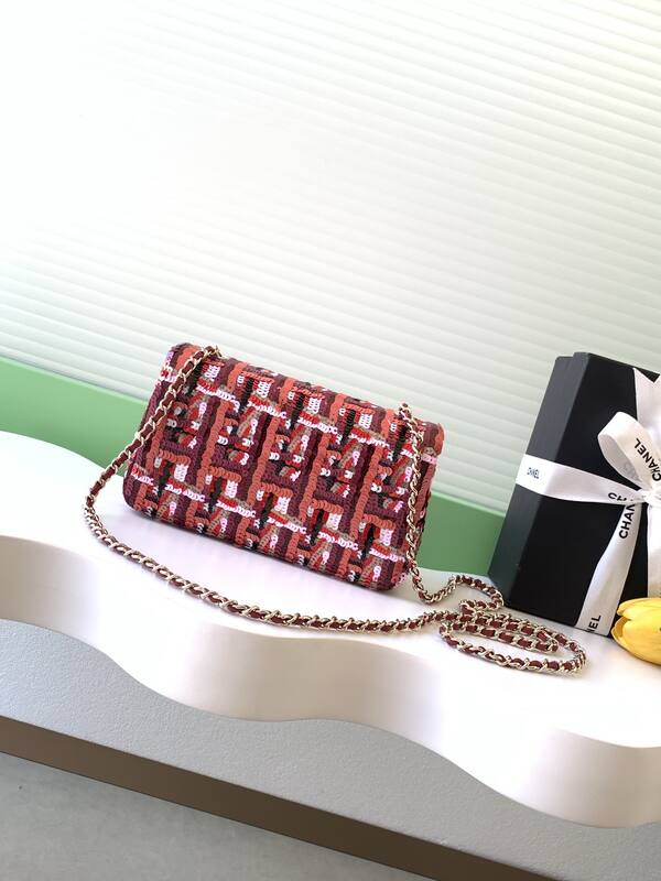 Chanel Classic Flap Pink red sequin tweed mini crossbody — Top Quality Replica