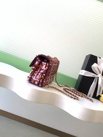 Chanel Classic Flap Pink red sequin tweed mini crossbody Top Quality Replica