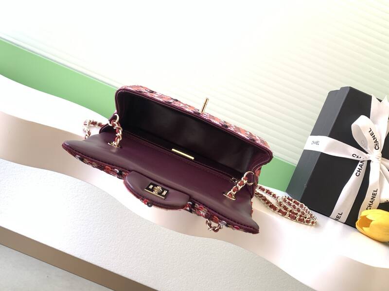 Chanel Classic Flap Pink red sequin tweed mini crossbody — Top Quality Replica