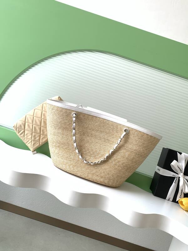 Chanel Beige straw and white leather tote — AAA Quality Replica