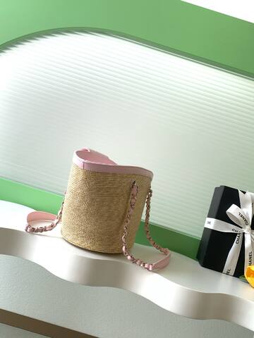 Chanel Pink and Beige Straw shoulder AAA Quality Replica