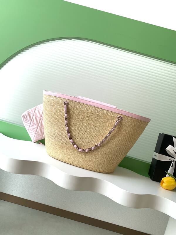 Chanel Beige straw and pink tote — Top Quality Replica
