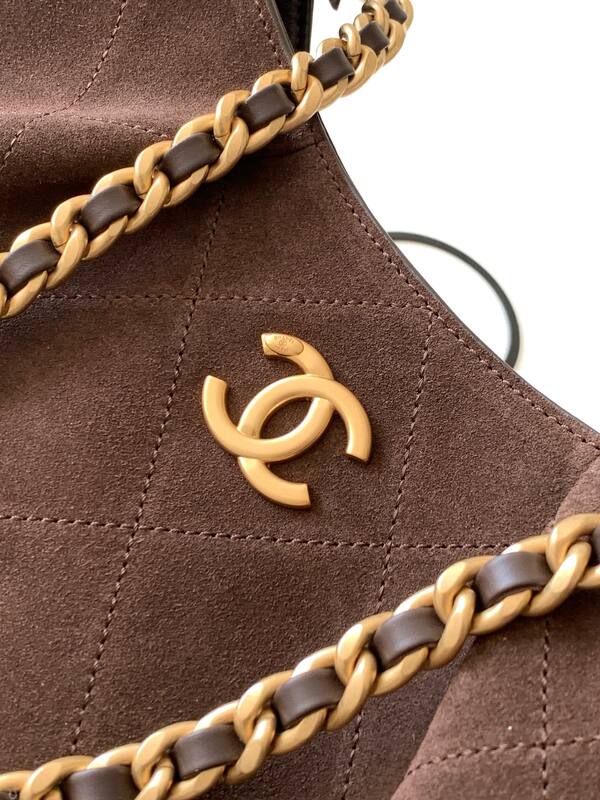 Chanel Brown suede with gold-tone chain shoulder — Top Quality Replica