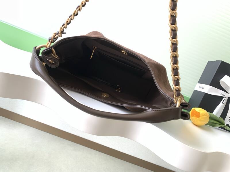Chanel Brown suede with gold-tone chain shoulder — Top Quality Replica