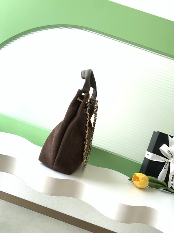 Chanel Brown suede with gold-tone chain shoulder — Top Quality Replica