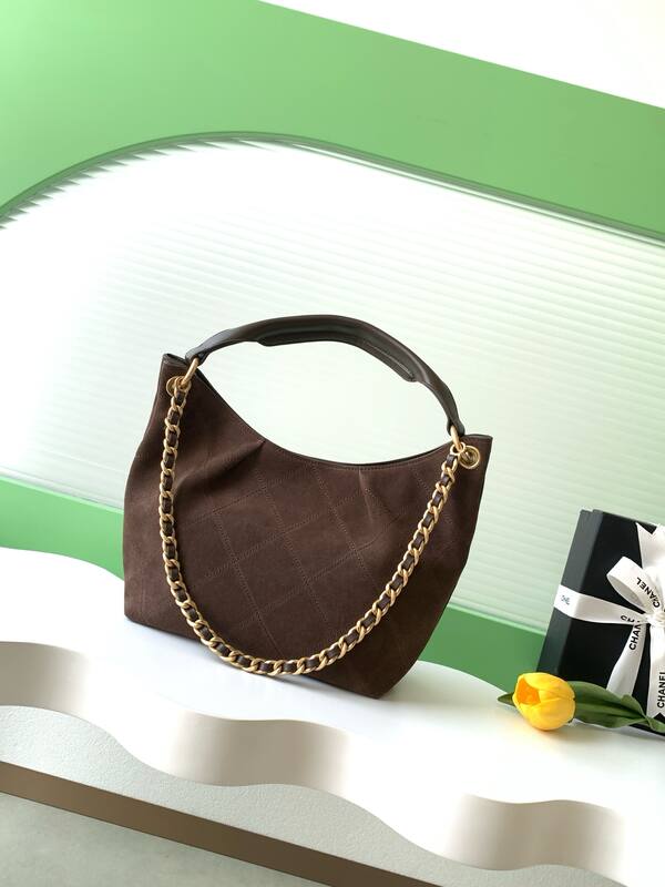 Chanel Brown suede with gold-tone chain shoulder — Top Quality Replica