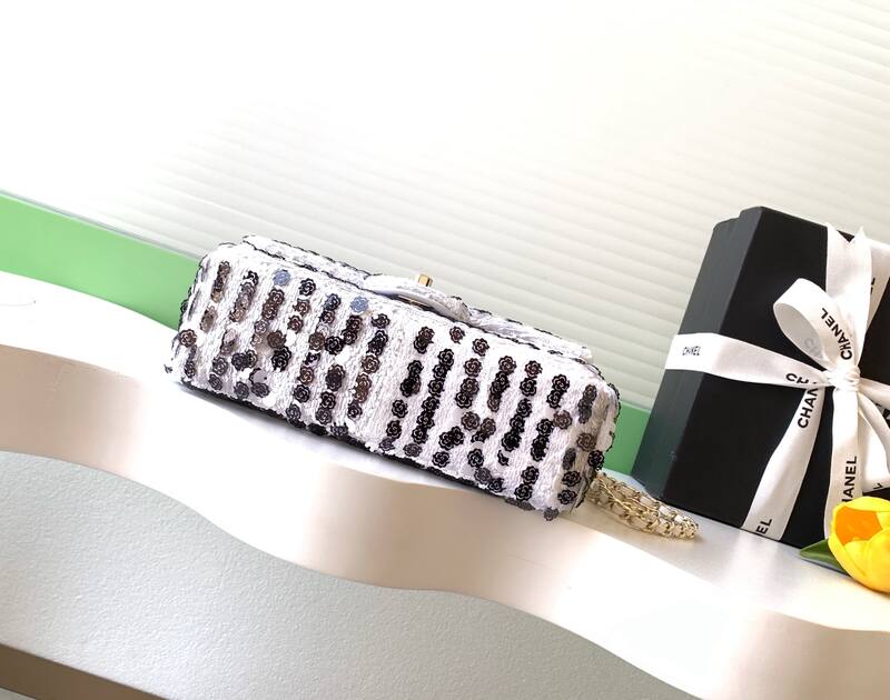Chanel Classic Flap Black and White sequins shoulder — AAA Quality Replica
