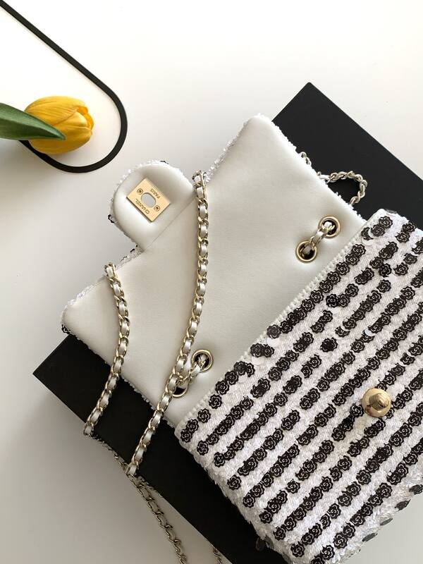 Chanel Classic Flap Black and White sequins shoulder — AAA Quality Replica